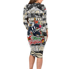 Custom Magpies Rugby Merry Christmas Long Sleeve Bodycon Dress Indigenous Australian Art