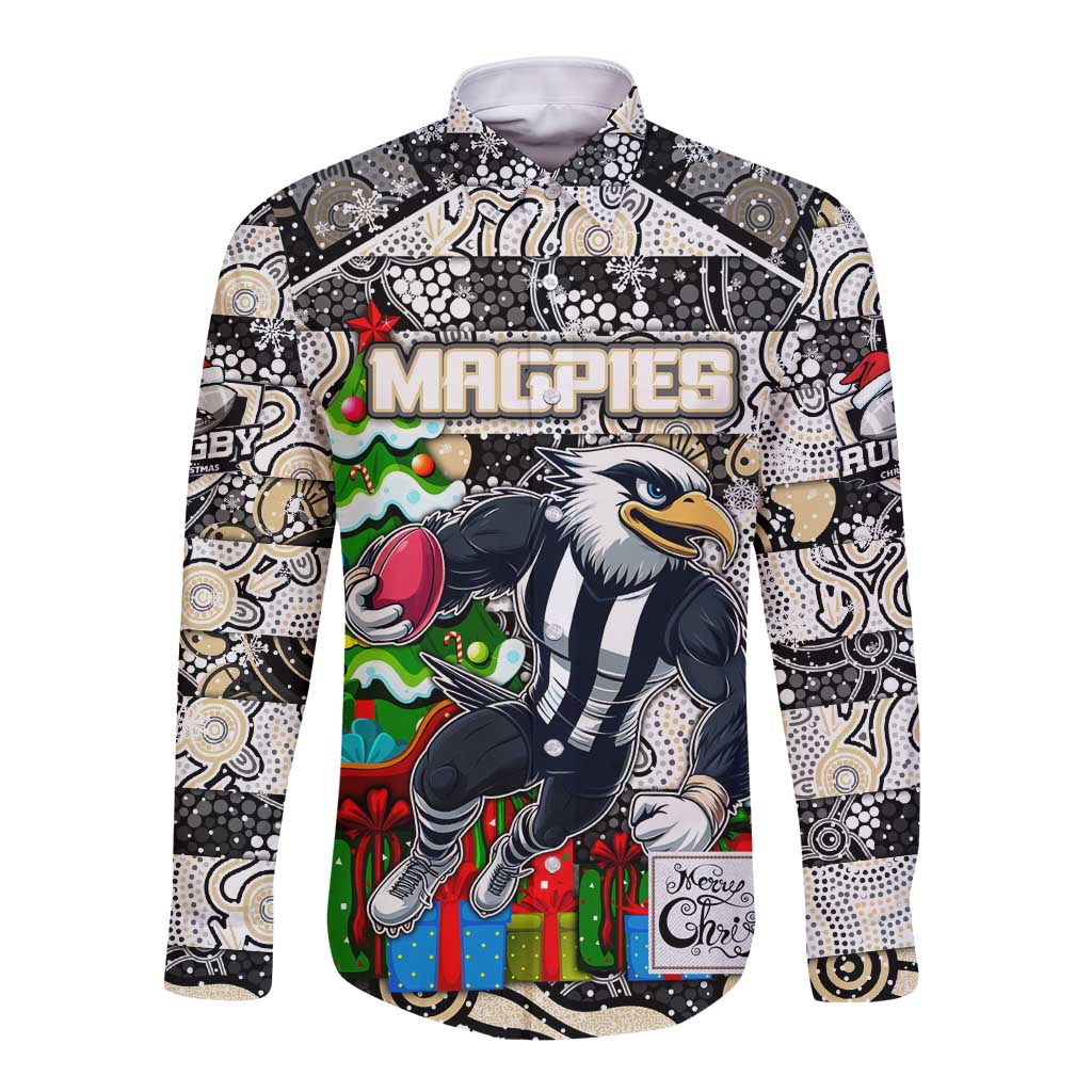 Custom Magpies Rugby Merry Christmas Long Sleeve Button Shirt Indigenous Australian Art