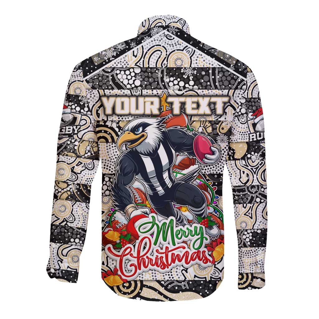 Custom Magpies Rugby Merry Christmas Long Sleeve Button Shirt Indigenous Australian Art