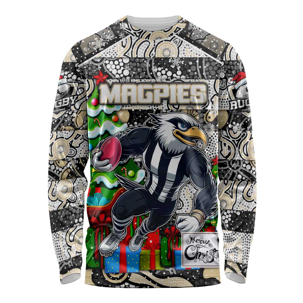 Custom Magpies Rugby Merry Christmas Long Sleeve Shirt Indigenous Australian Art