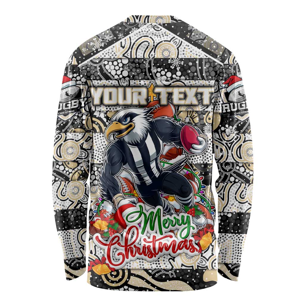 Custom Magpies Rugby Merry Christmas Long Sleeve Shirt Indigenous Australian Art