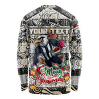 Custom Magpies Rugby Merry Christmas Long Sleeve Shirt Indigenous Australian Art