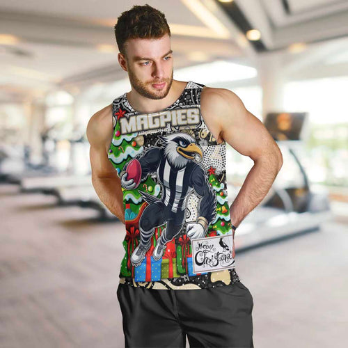 Custom Magpies Rugby Merry Christmas Men Tank Top Indigenous Australian Art