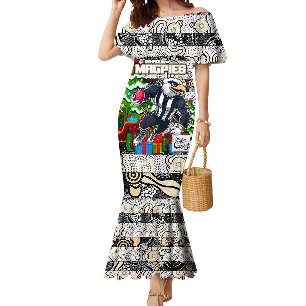 Custom Magpies Rugby Merry Christmas Mermaid Dress Indigenous Australian Art
