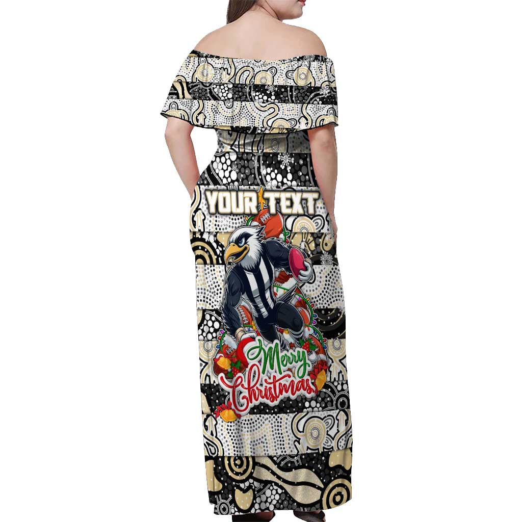 Custom Magpies Rugby Merry Christmas Off Shoulder Maxi Dress Indigenous Australian Art