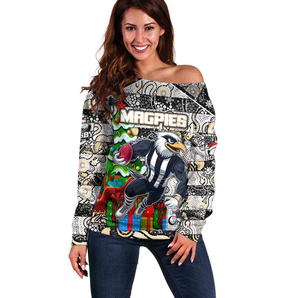 Custom Magpies Rugby Merry Christmas Off Shoulder Sweater Indigenous Australian Art