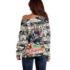 Custom Magpies Rugby Merry Christmas Off Shoulder Sweater Indigenous Australian Art