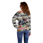 Custom Magpies Rugby Merry Christmas Off Shoulder Sweater Indigenous Australian Art