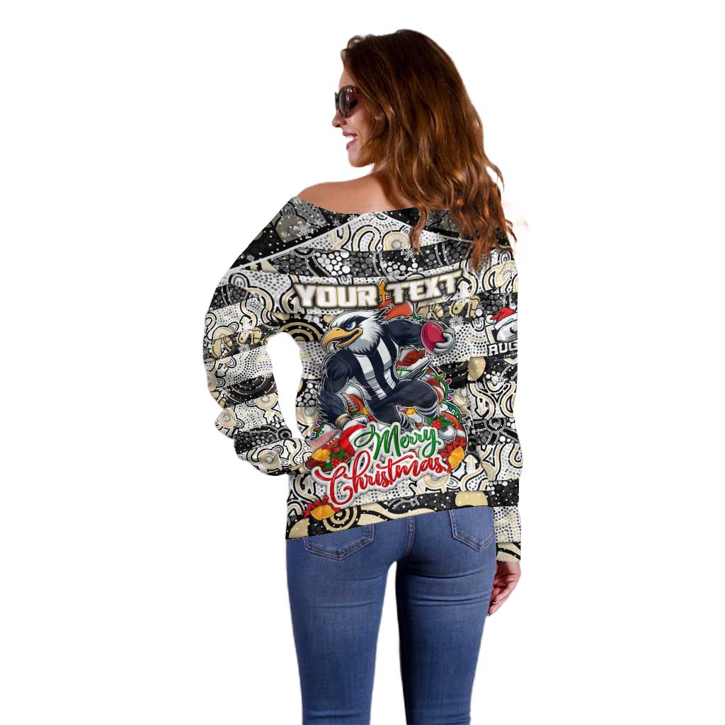 Custom Magpies Rugby Merry Christmas Off Shoulder Sweater Indigenous Australian Art