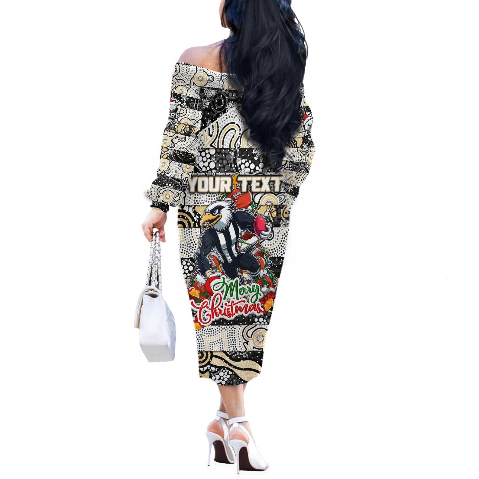Custom Magpies Rugby Merry Christmas Off The Shoulder Long Sleeve Dress Indigenous Australian Art