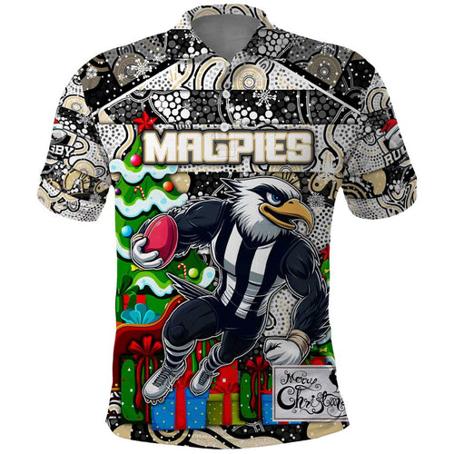 Custom Magpies Rugby Merry Christmas Polo Shirt Indigenous Australian Art