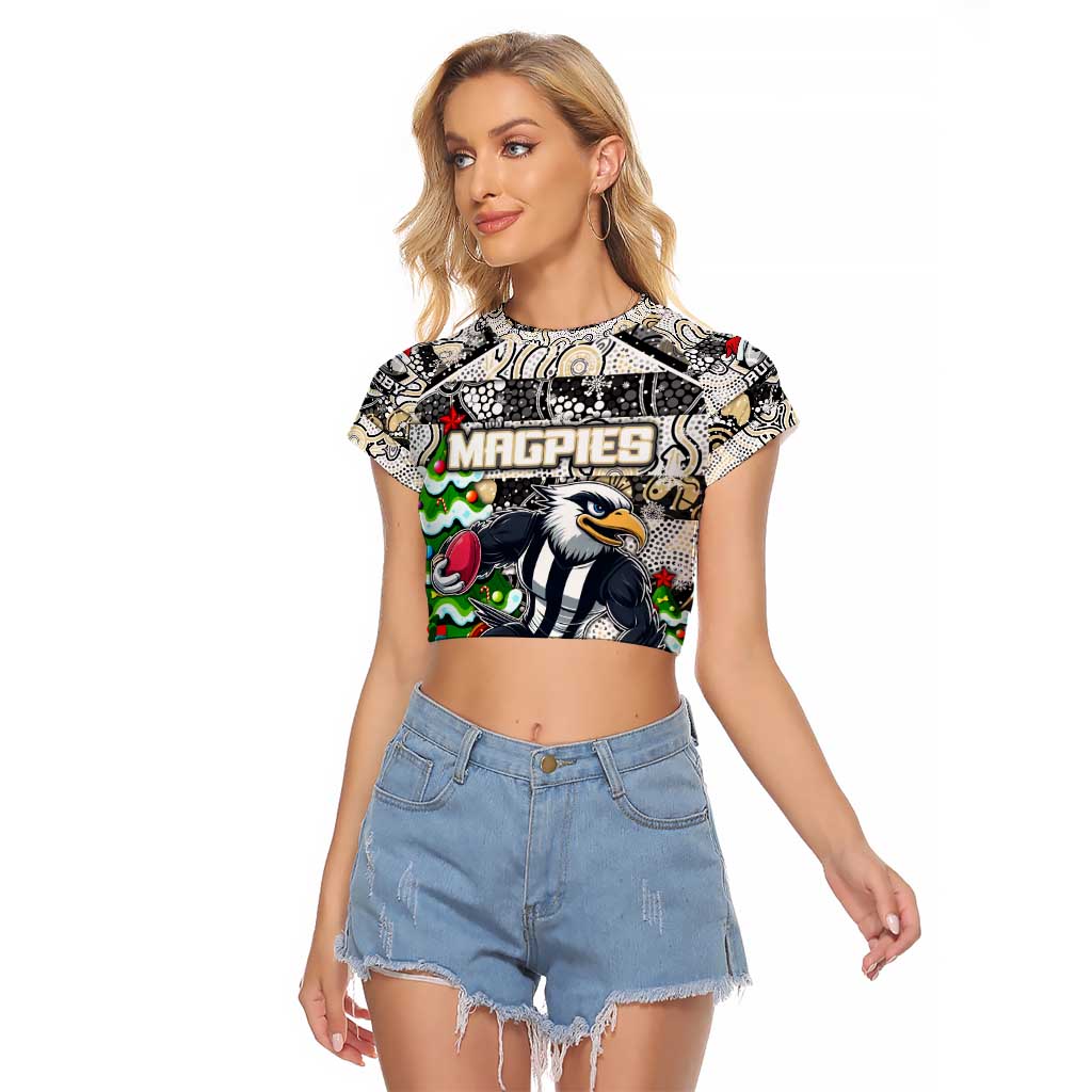 Custom Magpies Rugby Merry Christmas Raglan Cropped T Shirt Indigenous Australian Art