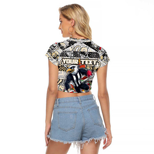 Custom Magpies Rugby Merry Christmas Raglan Cropped T Shirt Indigenous Australian Art