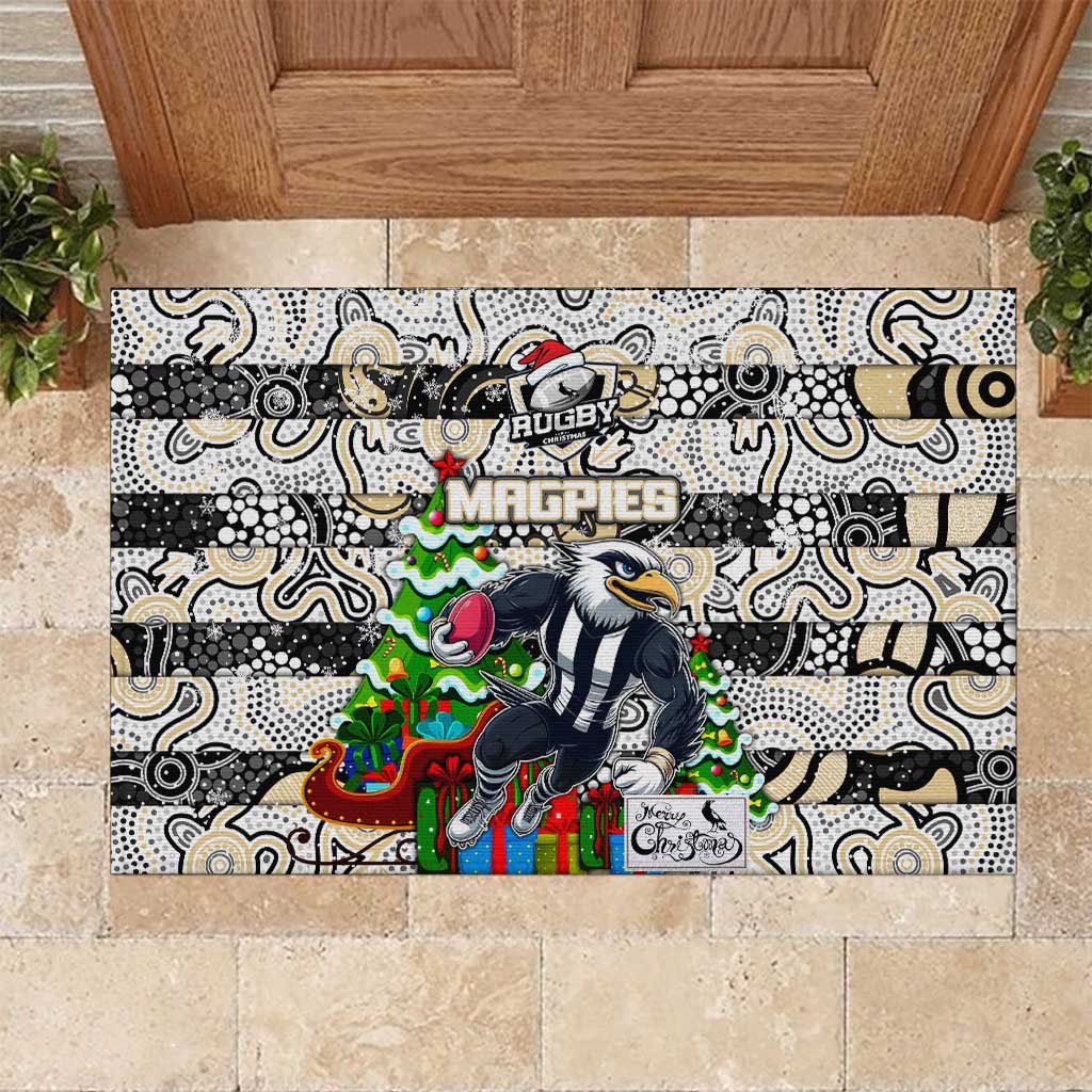 Magpies Football Merry Christmas Rubber Doormat Indigenous Australian Art