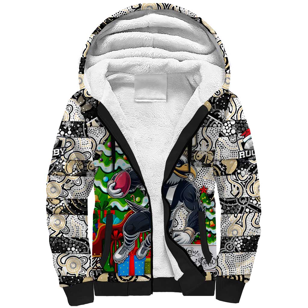 Custom Magpies Rugby Merry Christmas Sherpa Hoodie Indigenous Australian Art