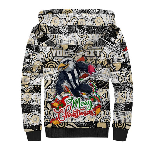 Custom Magpies Rugby Merry Christmas Sherpa Hoodie Indigenous Australian Art