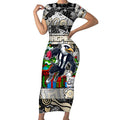 Custom Magpies Rugby Merry Christmas Short Sleeve Bodycon Dress Indigenous Australian Art