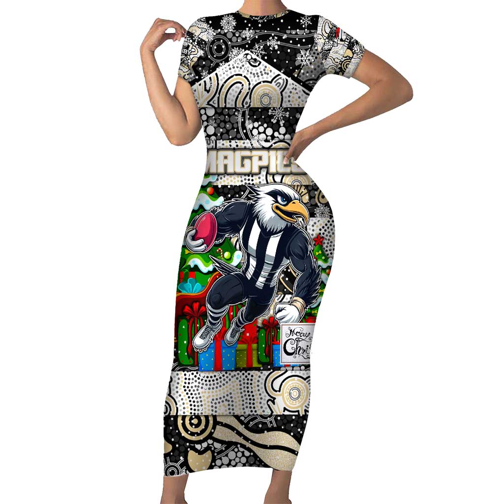Custom Magpies Rugby Merry Christmas Short Sleeve Bodycon Dress Indigenous Australian Art