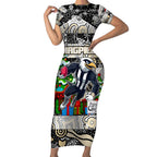 Custom Magpies Rugby Merry Christmas Short Sleeve Bodycon Dress Indigenous Australian Art