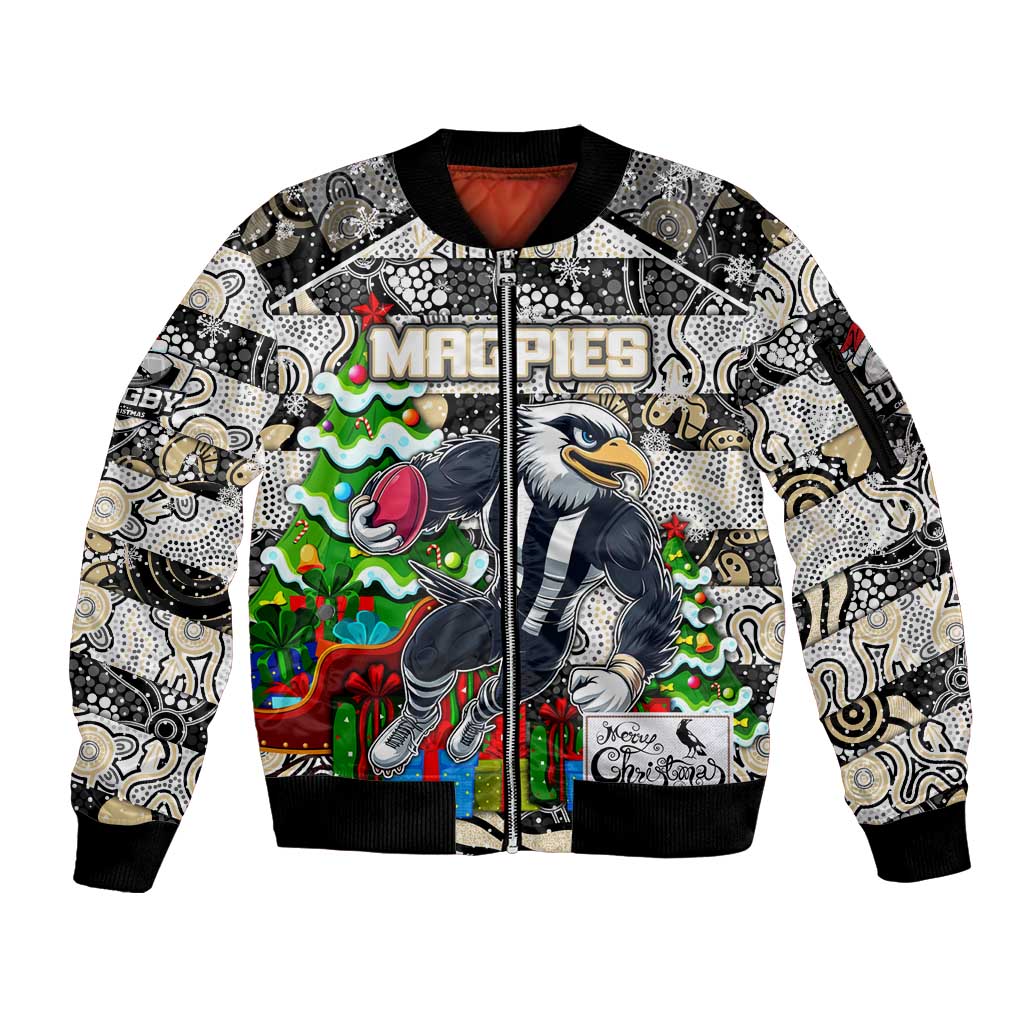 Custom Magpies Rugby Merry Christmas Sleeve Zip Bomber Jacket Indigenous Australian Art