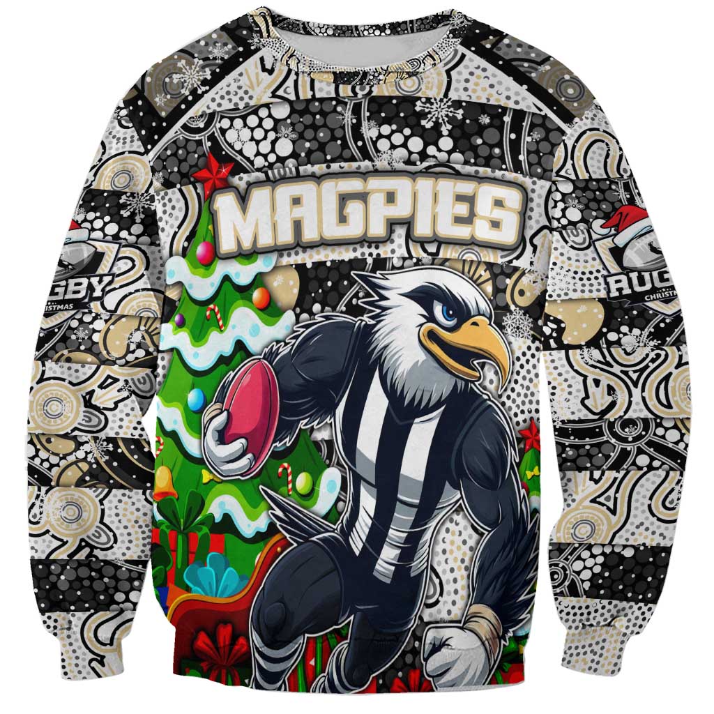 Custom Magpies Rugby Merry Christmas Sweatshirt Indigenous Australian Art