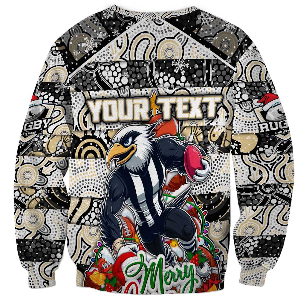 Custom Magpies Rugby Merry Christmas Sweatshirt Indigenous Australian Art
