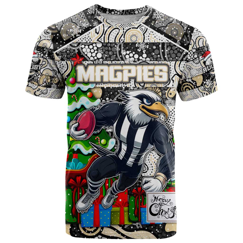 Custom Magpies Rugby Merry Christmas T Shirt Indigenous Australian Art