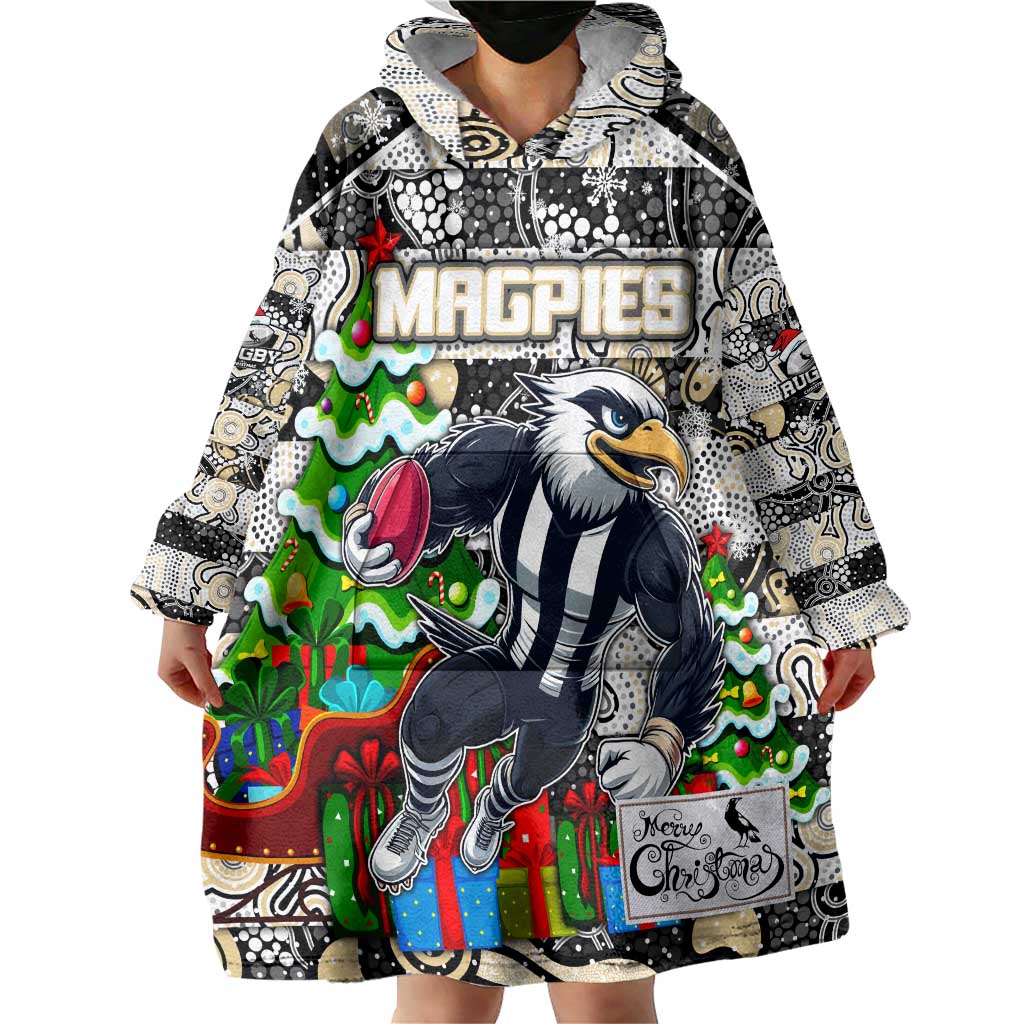 Custom Magpies Rugby Merry Christmas Wearable Blanket Hoodie Indigenous Australian Art