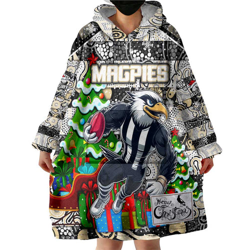 Custom Magpies Rugby Merry Christmas Wearable Blanket Hoodie Indigenous Australian Art