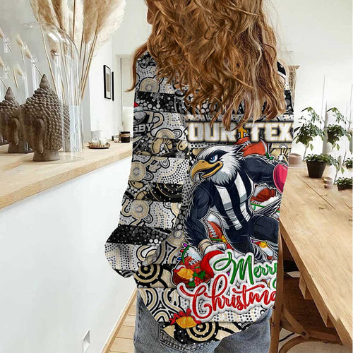 Custom Magpies Rugby Merry Christmas Women Casual Shirt Indigenous Australian Art