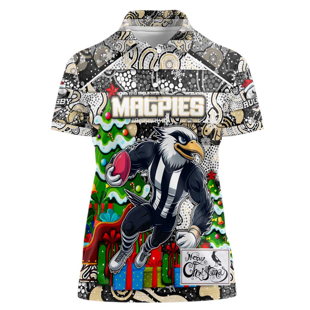 Custom Magpies Rugby Merry Christmas Women Polo Shirt Indigenous Australian Art
