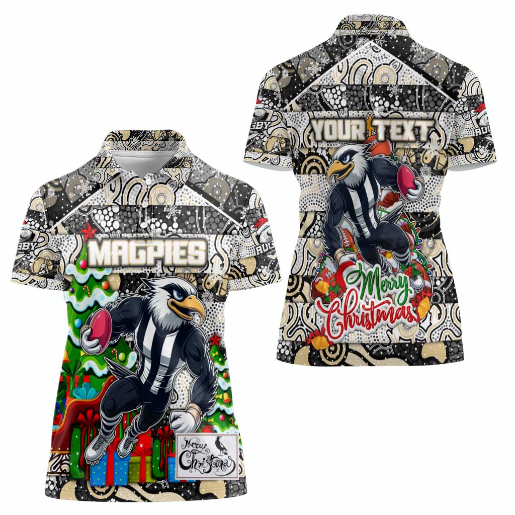 Custom Magpies Rugby Merry Christmas Women Polo Shirt Indigenous Australian Art