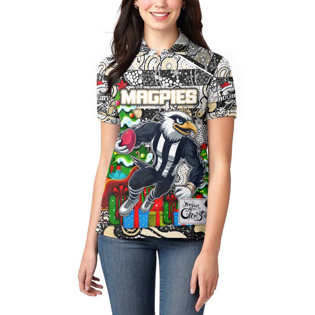 Custom Magpies Rugby Merry Christmas Women Polo Shirt Indigenous Australian Art