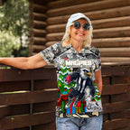 Custom Magpies Rugby Merry Christmas Women Polo Shirt Indigenous Australian Art