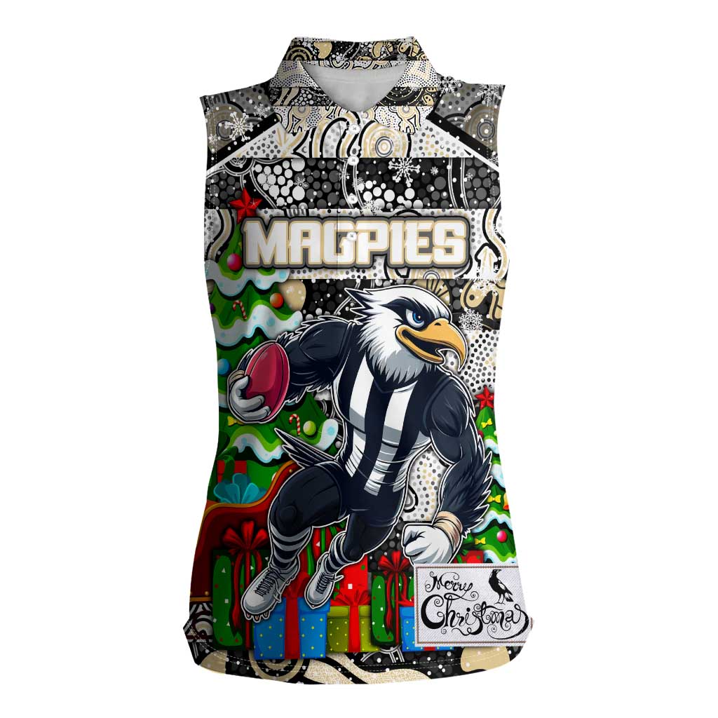 Custom Magpies Rugby Merry Christmas Women Sleeveless Polo Shirt Indigenous Australian Art