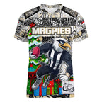 Custom Magpies Rugby Merry Christmas Women V-Neck T-Shirt Indigenous Australian Art