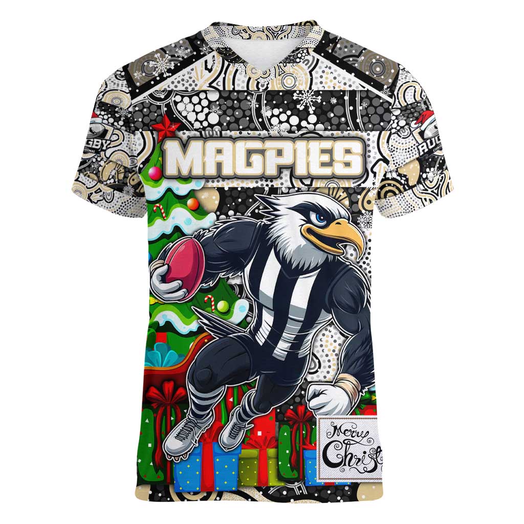 Custom Magpies Rugby Merry Christmas Women V-Neck T-Shirt Indigenous Australian Art
