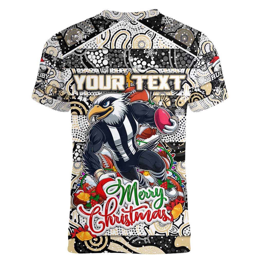 Custom Magpies Rugby Merry Christmas Women V-Neck T-Shirt Indigenous Australian Art
