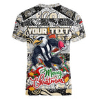 Custom Magpies Rugby Merry Christmas Women V-Neck T-Shirt Indigenous Australian Art