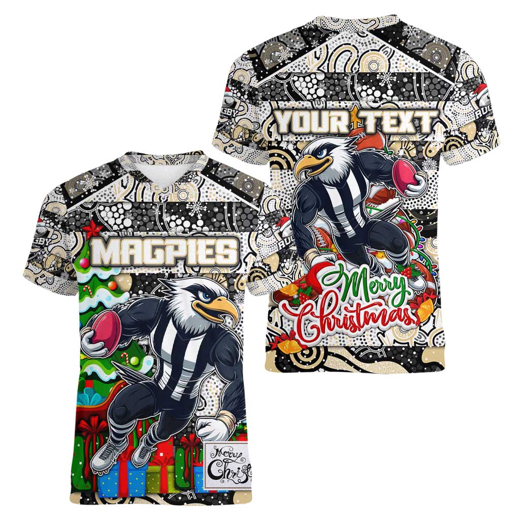 Custom Magpies Rugby Merry Christmas Women V-Neck T-Shirt Indigenous Australian Art