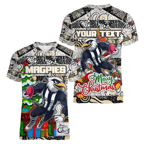 Custom Magpies Rugby Merry Christmas Women V-Neck T-Shirt Indigenous Australian Art