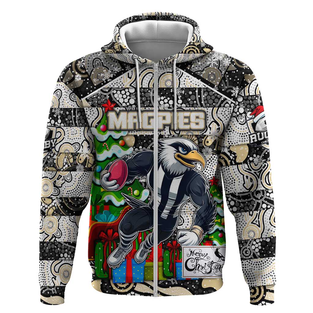 Custom Magpies Rugby Merry Christmas Zip Hoodie Indigenous Australian Art