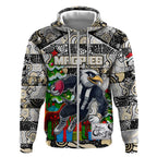Custom Magpies Rugby Merry Christmas Zip Hoodie Indigenous Australian Art