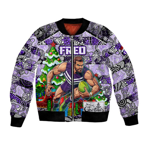Custom Freo Rugby Merry Christmas Bomber Jacket Indigenous Australian Art