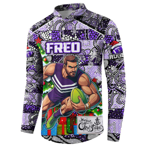 Custom Freo Rugby Merry Christmas Button Sweatshirt Indigenous Australian Art