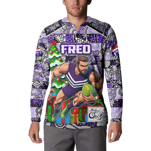 Custom Freo Rugby Merry Christmas Button Sweatshirt Indigenous Australian Art
