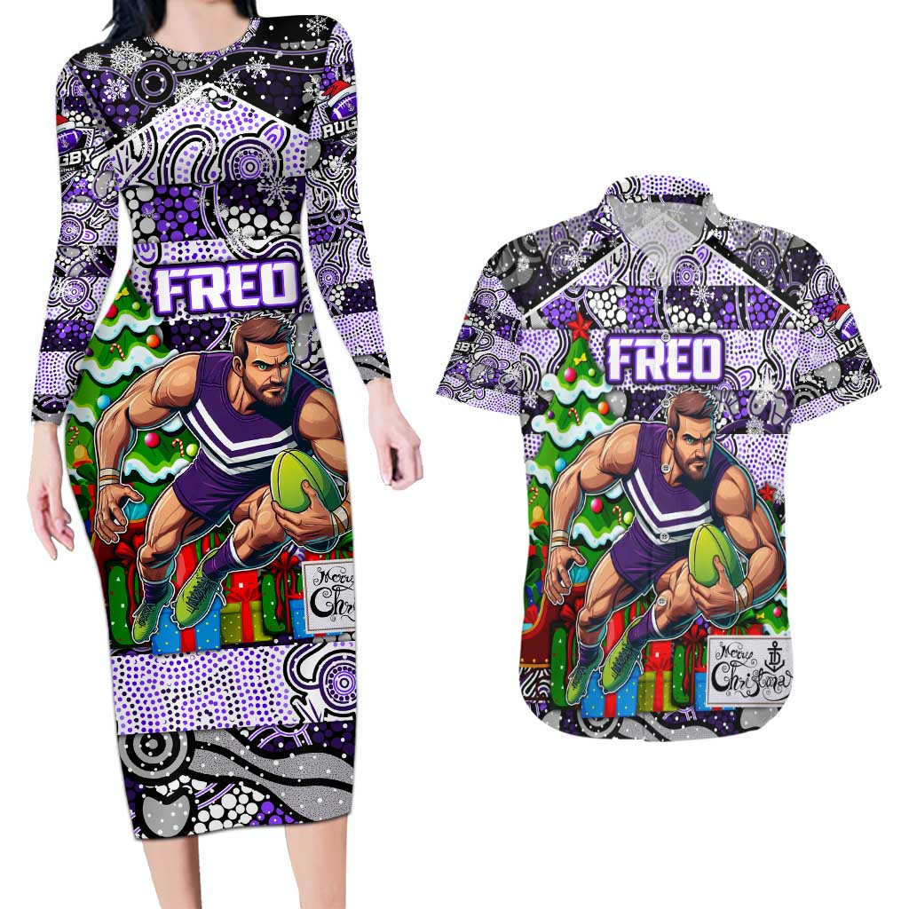 Custom Freo Rugby Merry Christmas Couples Matching Long Sleeve Bodycon Dress and Hawaiian Shirt Indigenous Australian Art