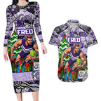 Custom Freo Rugby Merry Christmas Couples Matching Long Sleeve Bodycon Dress and Hawaiian Shirt Indigenous Australian Art