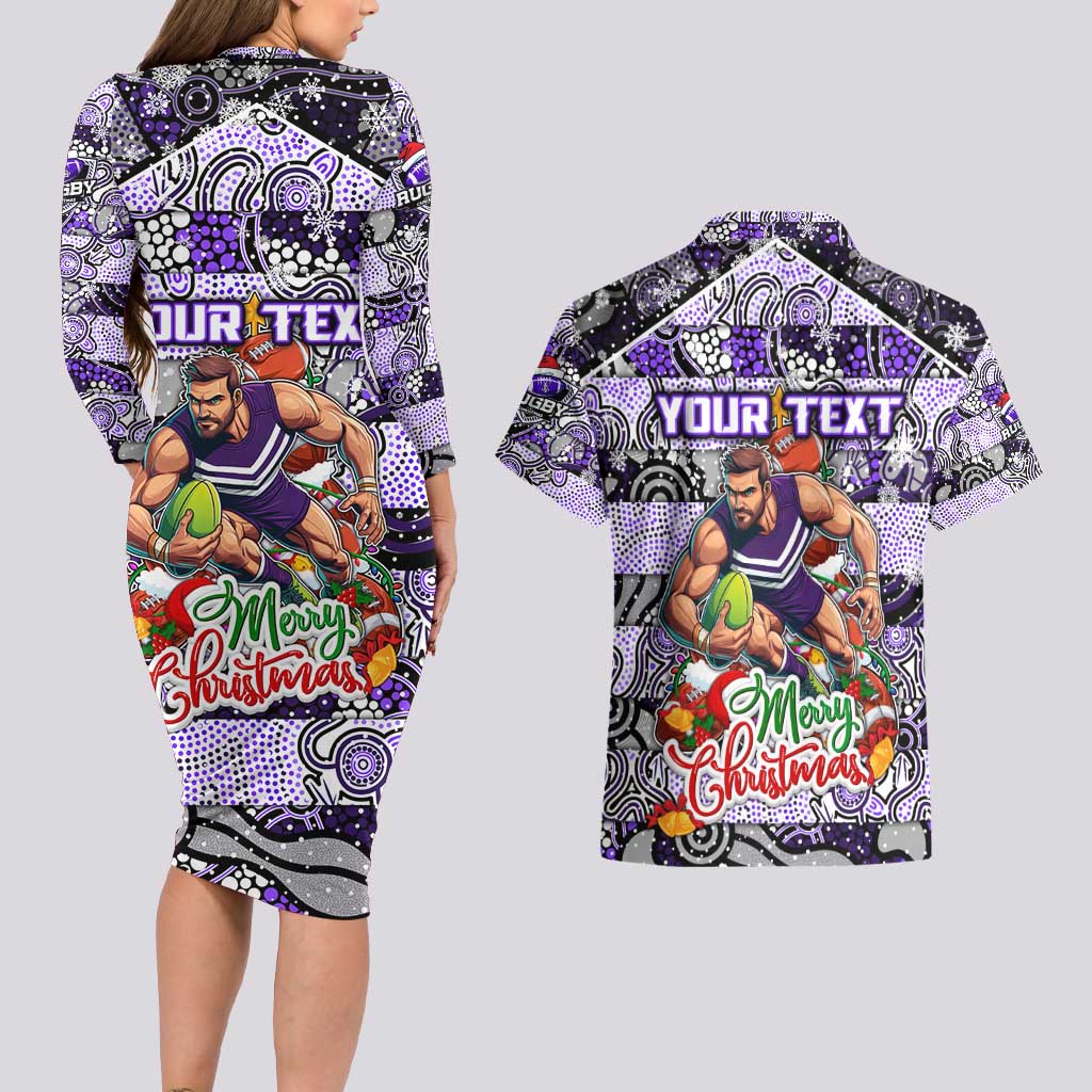 Custom Freo Rugby Merry Christmas Couples Matching Long Sleeve Bodycon Dress and Hawaiian Shirt Indigenous Australian Art