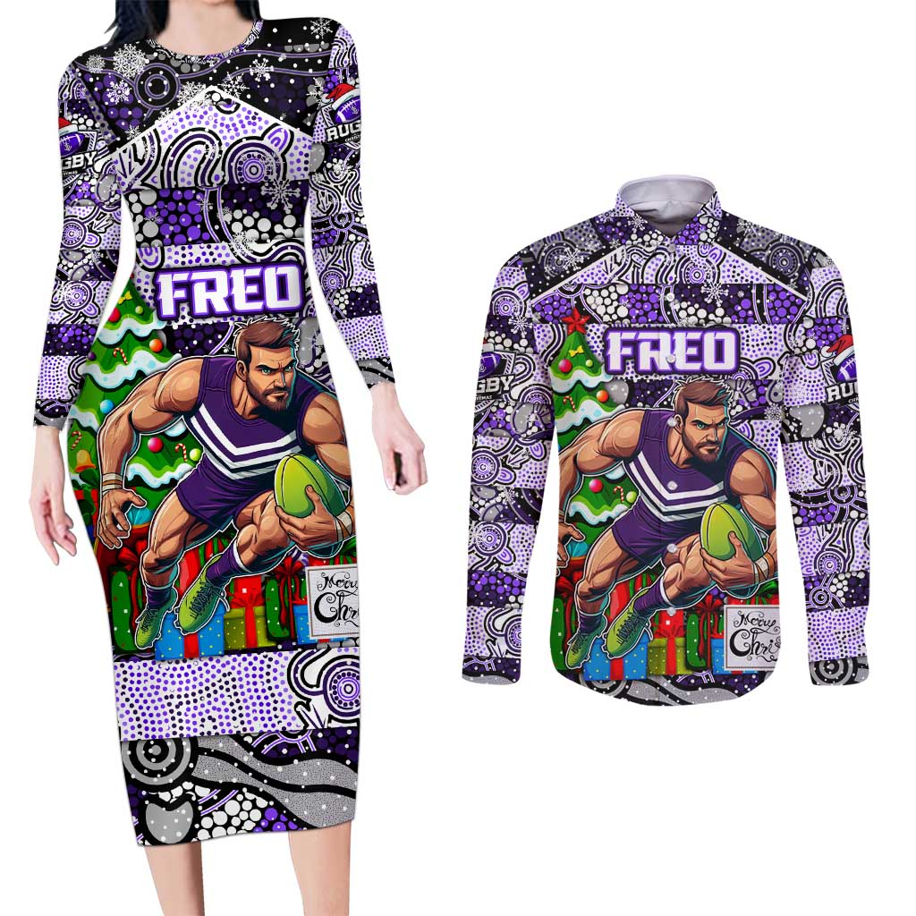 Custom Freo Rugby Merry Christmas Couples Matching Long Sleeve Bodycon Dress and Long Sleeve Button Shirt Indigenous Australian Art